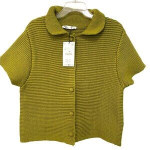 Zara Womens XL Green Short-Sleeve Knit Button-Up Cardigan